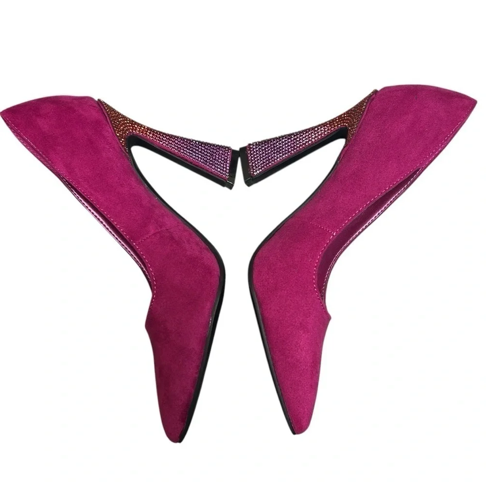 Nine West Tunips Fuchsia Pink Suede Rhinestone Flared Block Heel Pump Sz 5 - Picture 3 of 9